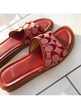 Coach Red Signature Slide Sandals with Jacquard Strap